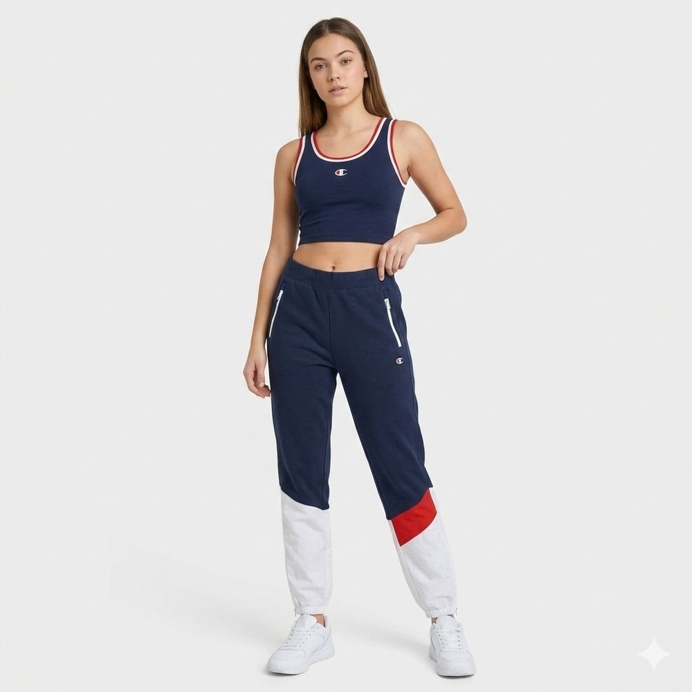 Champion Mens Small Colorblock Fleece Nylon Jogger Sweatpants Navy White‎ Red